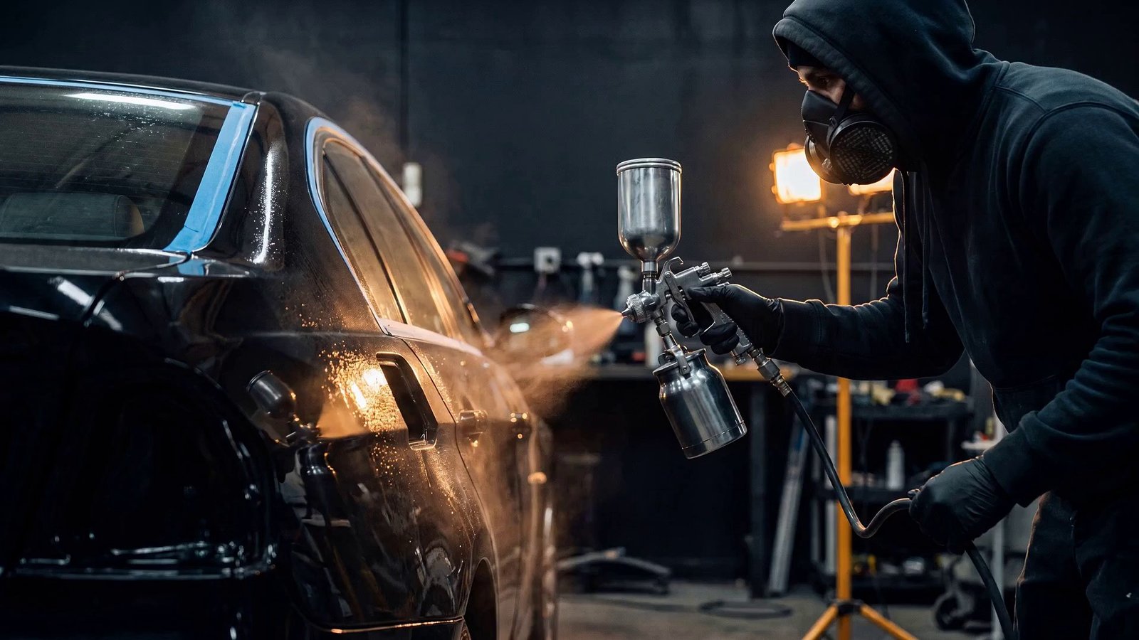 The TG Auto Repairs build: a masked painter spraying a dark saloon in the booth